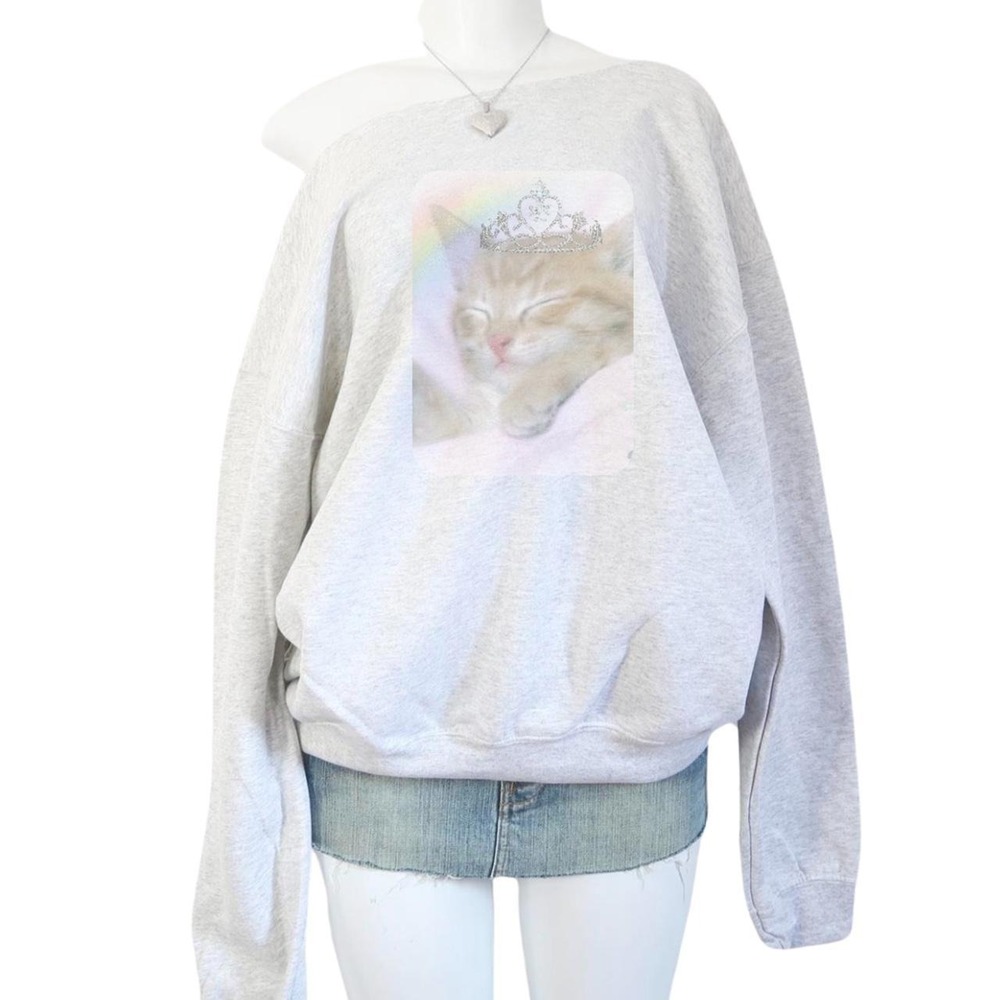 y2k kawaii princess cat graphic grey crewneck sweatshirt